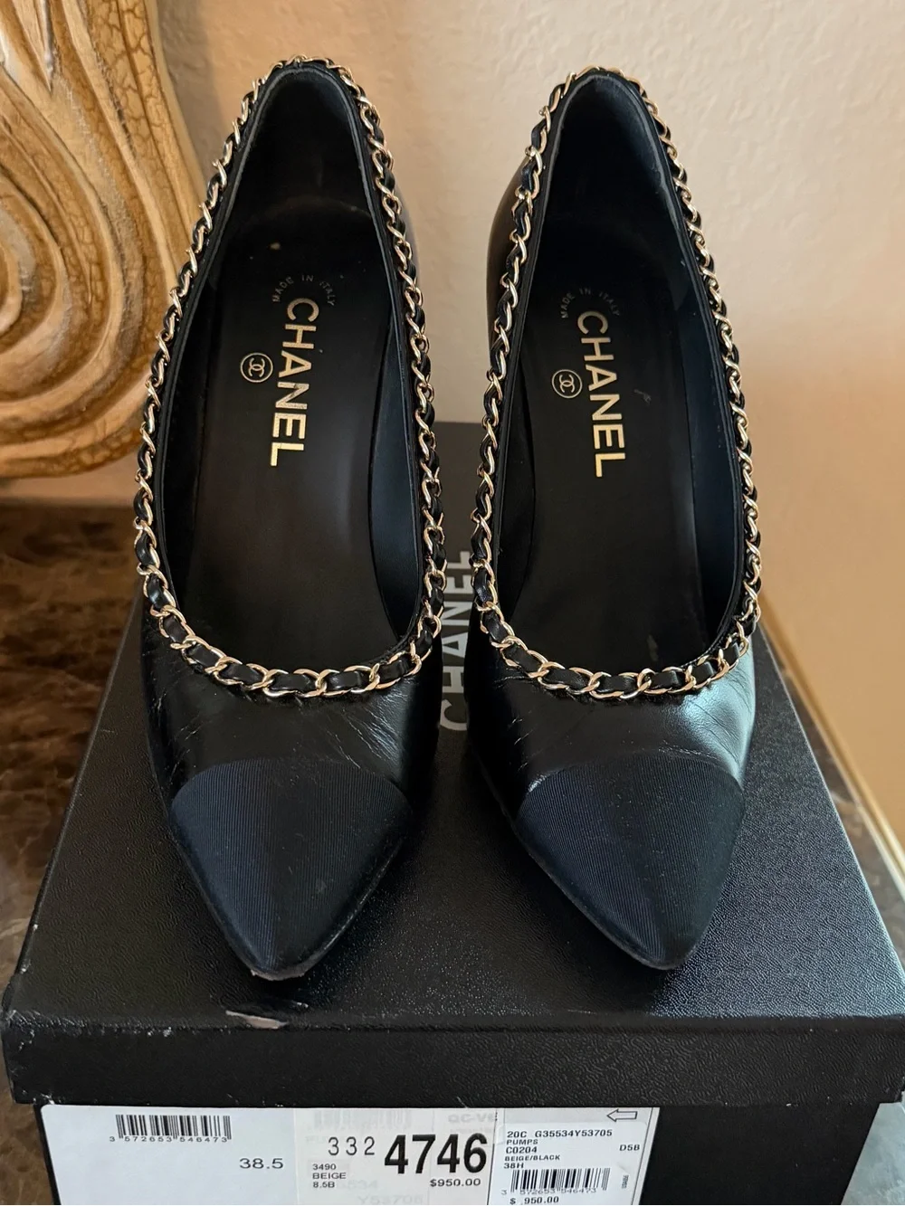 CHANEL Black Leather Chain-Trim Pointed-Toe Pumps